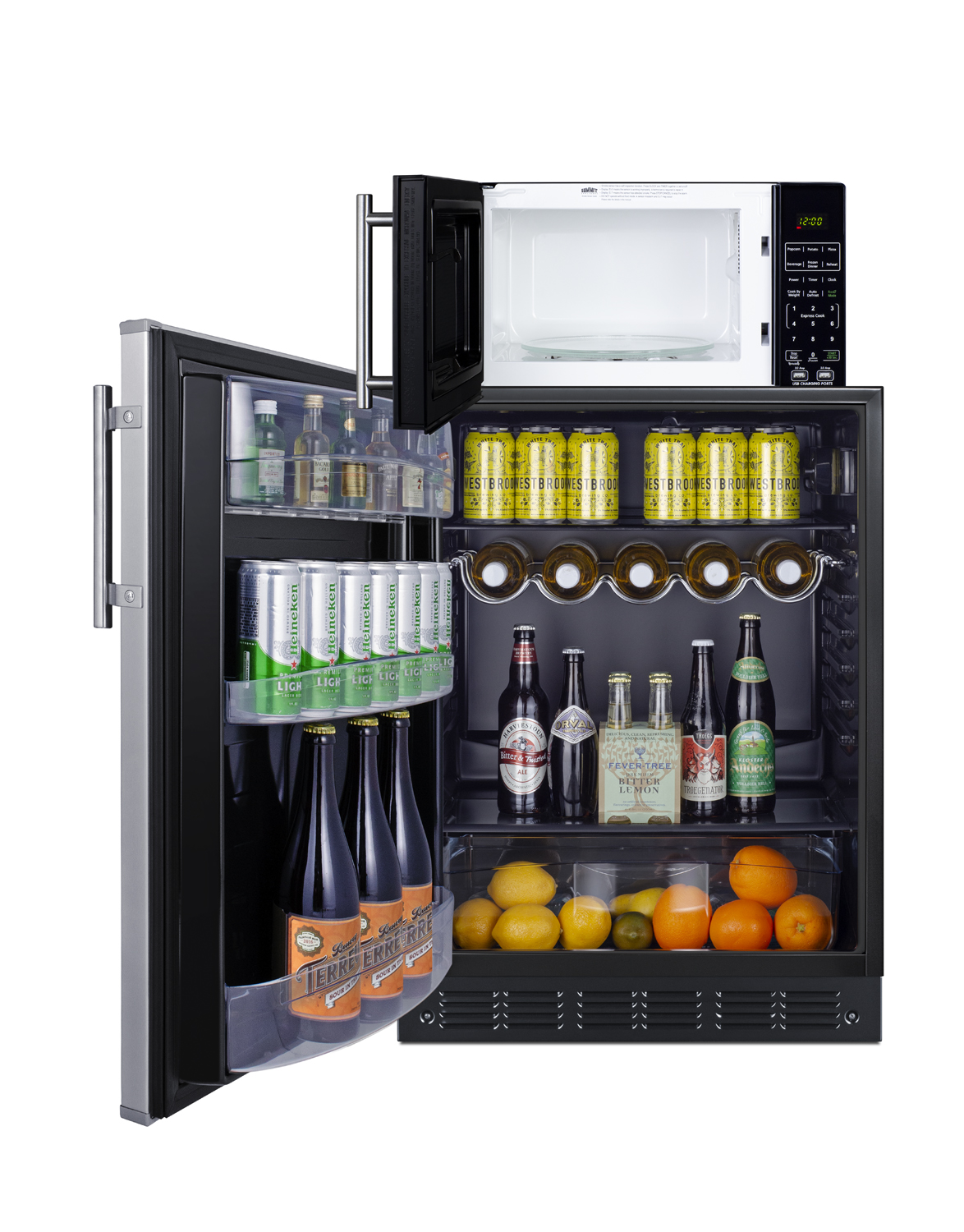 Counter height all-refrigerator with stainless steel door and compact microwave in black with allocator and USB ports for 1-plug operation; ships in three boxes on one pallet